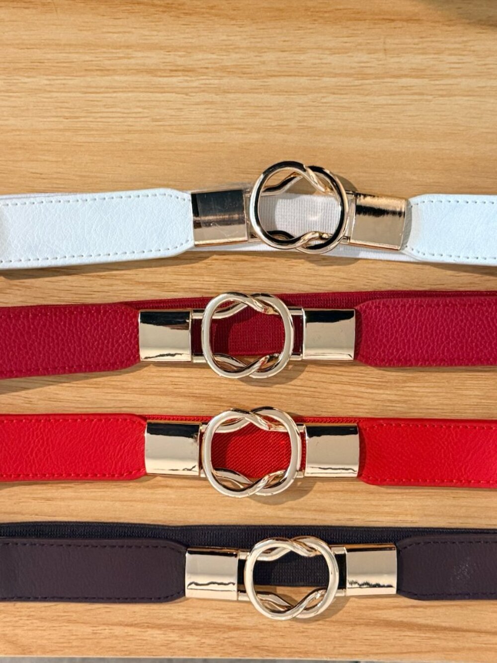 Elastic Stretch Belt Gold Double Ring Buckle White, Burgundy, Red & Brown